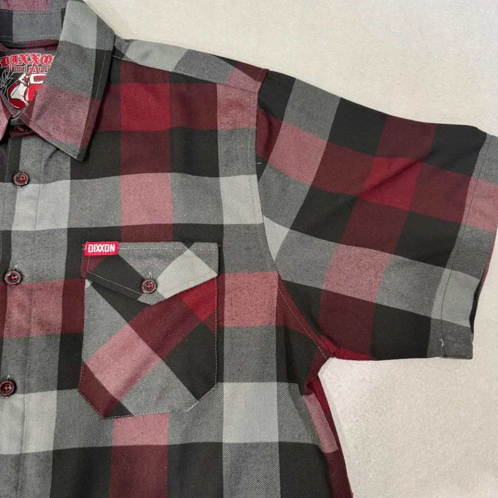 Dixxon Flannel The Brawler Shirt Men L Red Grey Black Buffalo Plaid Short Sleeve